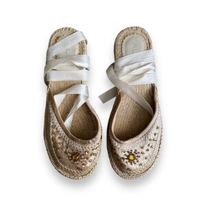 Aldo Cream Espadrille Beaded Flats with Ribbon Size 37